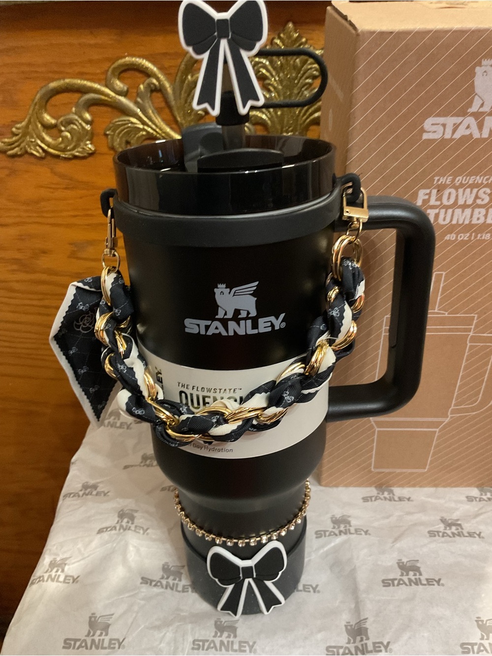 Stanley Black Travel Tumbler with Black-and-Gold Chain Strap